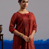 RA Studio Red Pleated Front Open Kurta in Gold Block Print