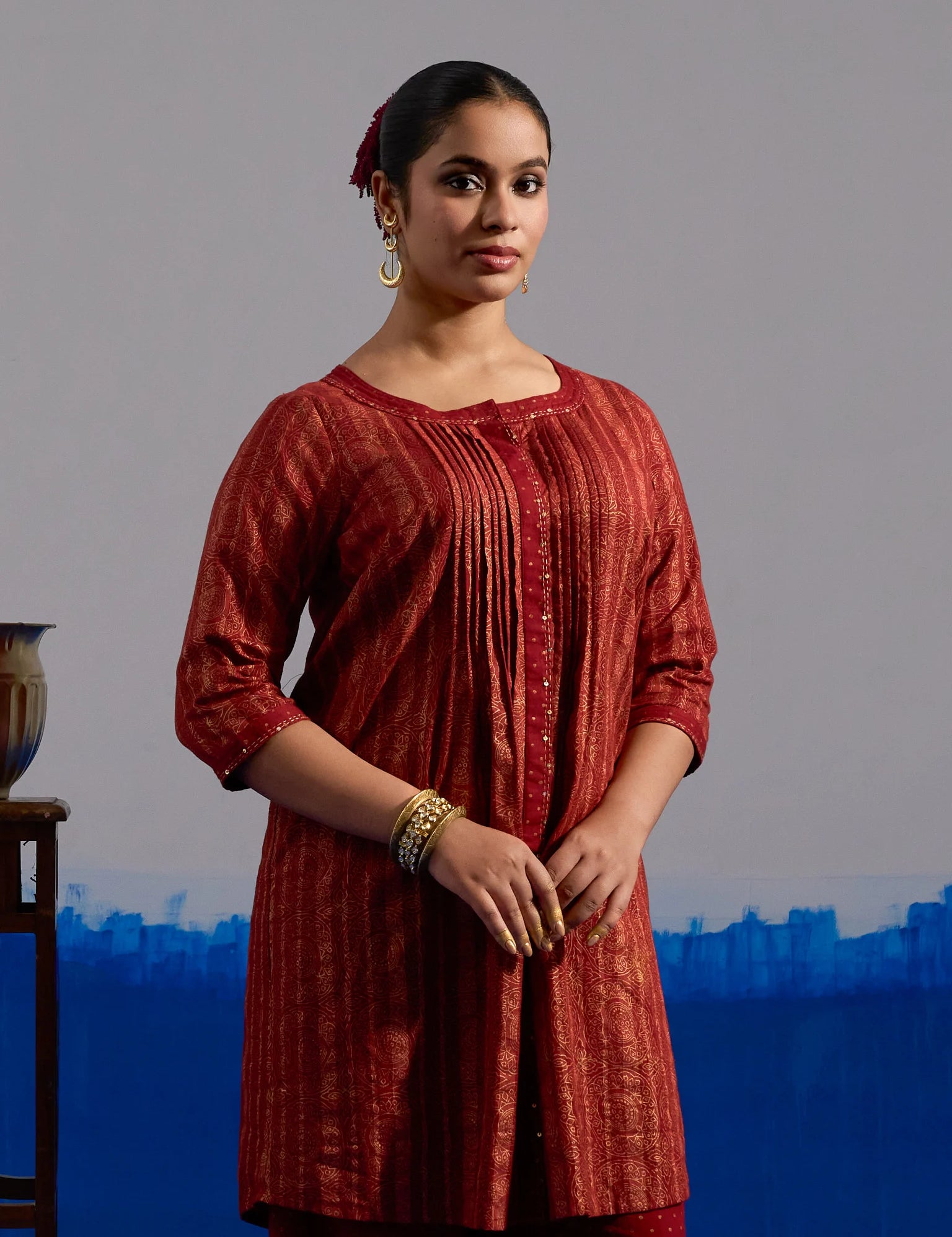 RA Studio Red Pleated Front Open Kurta in Gold Block Print
