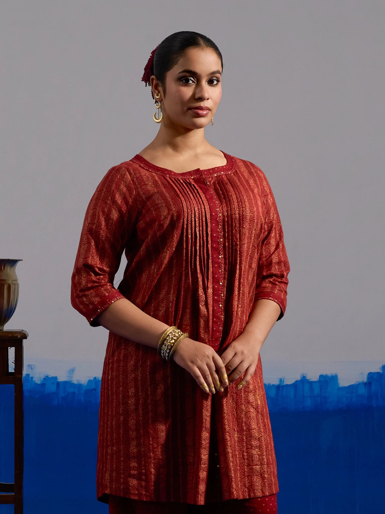 RA Studio Red Pleated Front Open Kurta in Gold Block Print
