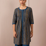 RA Studio Blue Pleated Front Open Kurta in Gold Block Print