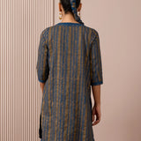 RA Studio Blue Pleated Front Open Kurta in Gold Block Print