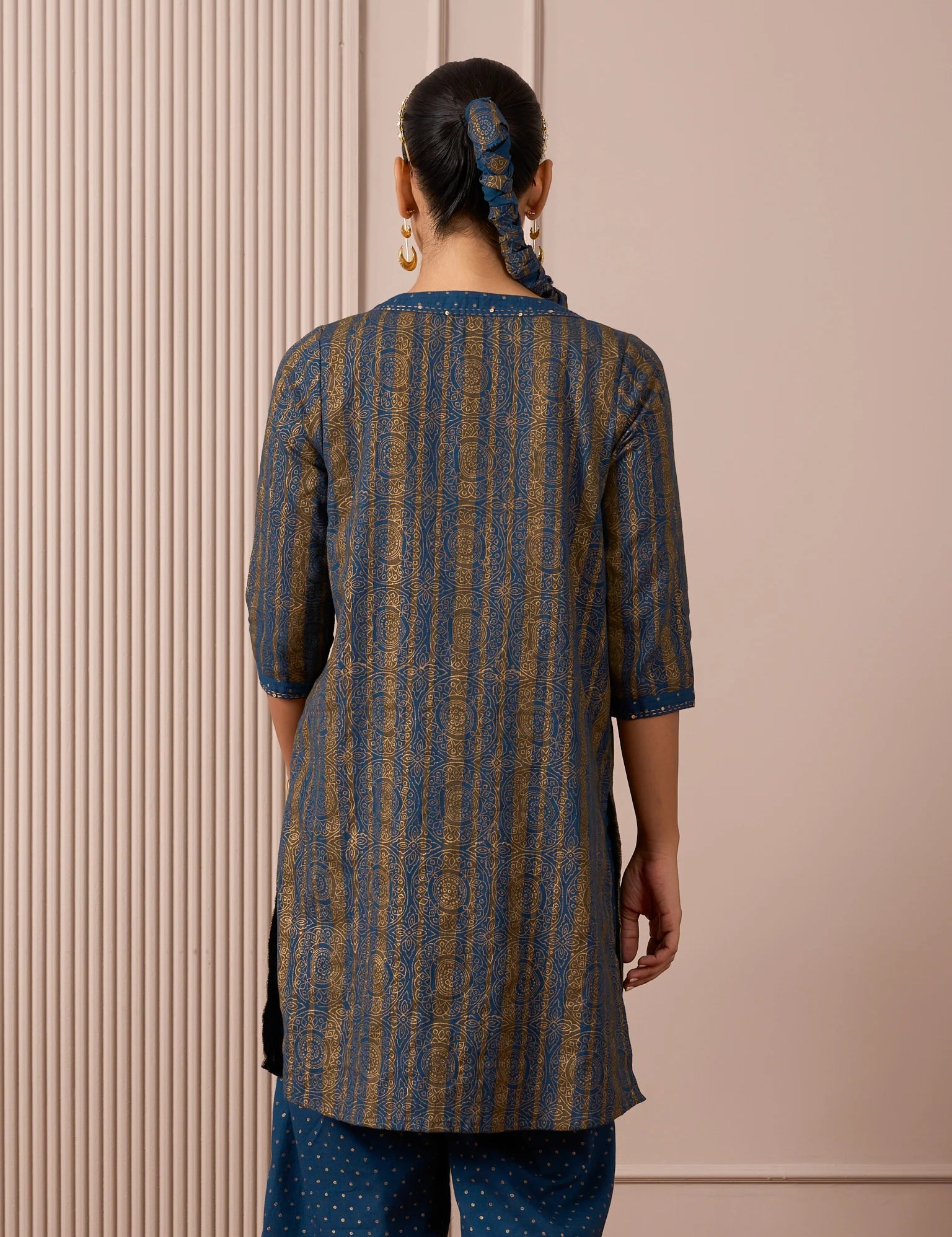 RA Studio Blue Pleated Front Open Kurta in Gold Block Print