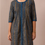 RA Studio Blue Pleated Front Open Kurta in Gold Block Print