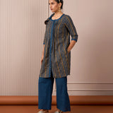 RA Studio Blue Pleated Front Open Kurta in Gold Block Print