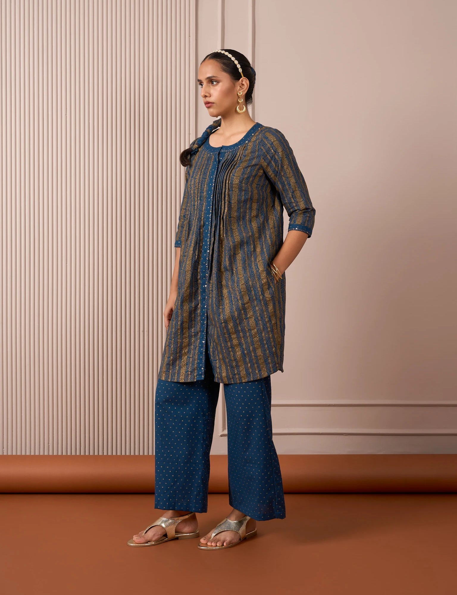 RA Studio Blue Pleated Front Open Kurta in Gold Block Print