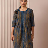 RA Studio Blue Pleated Front Open Kurta in Gold Block Print