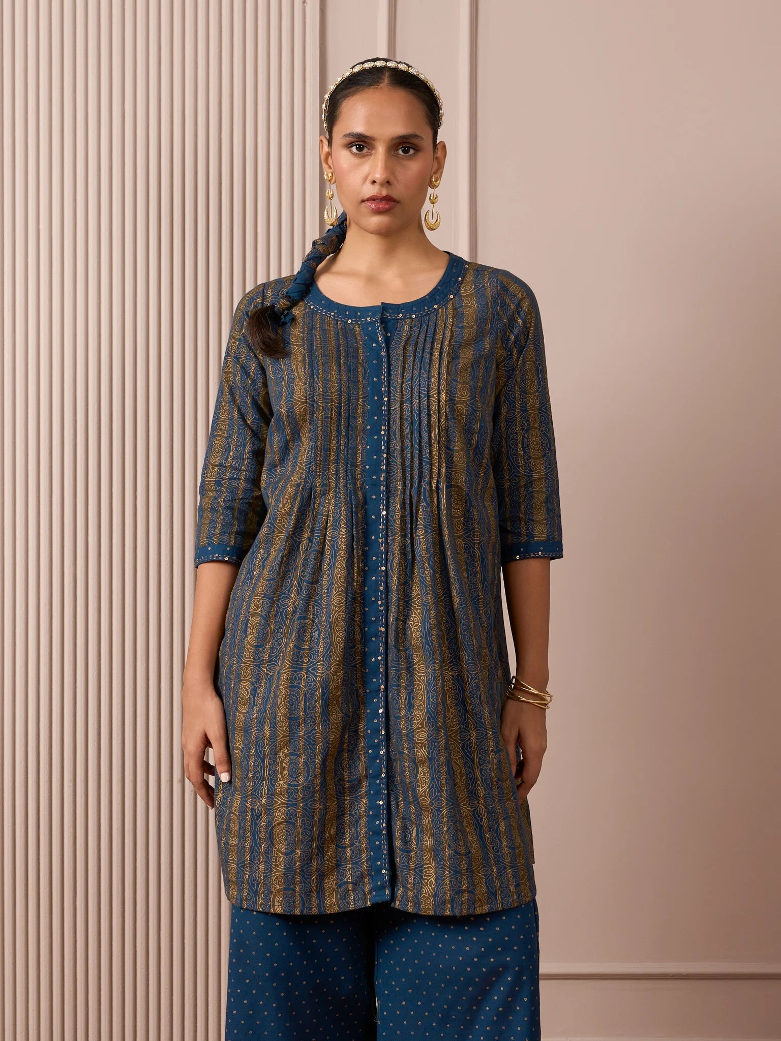 RA Studio Blue Pleated Front Open Kurta in Gold Block Print