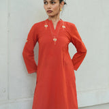 Red Mangalgiri Cotton Princess Line Kurta with Butterfly Hand Embroidery and Side Slits