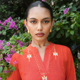 Red Mangalgiri Cotton Princess Line Kurta with Butterfly Hand Embroidery and Side Slits