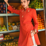 Red Mangalgiri Cotton Princess Line Kurta with Butterfly Hand Embroidery and Side Slits