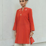 Red Mangalgiri Cotton Princess Line Kurta with Butterfly Hand Embroidery and Side Slits