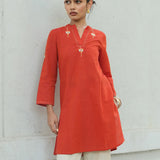 Red Mangalgiri Cotton Princess Line Kurta with Butterfly Hand Embroidery and Side Slits