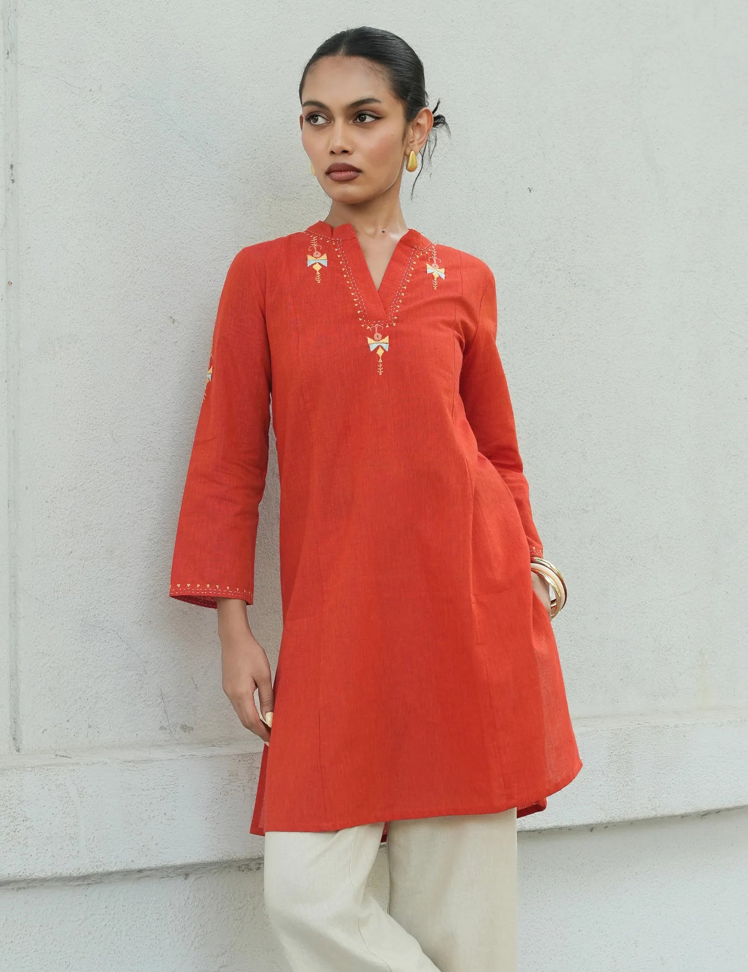 Red Mangalgiri Cotton Princess Line Kurta with Butterfly Hand Embroidery and Side Slits