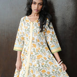 White Cotton Princess-Line Flared Dress with Yellow Floral Block Print and Stripe Hem Border