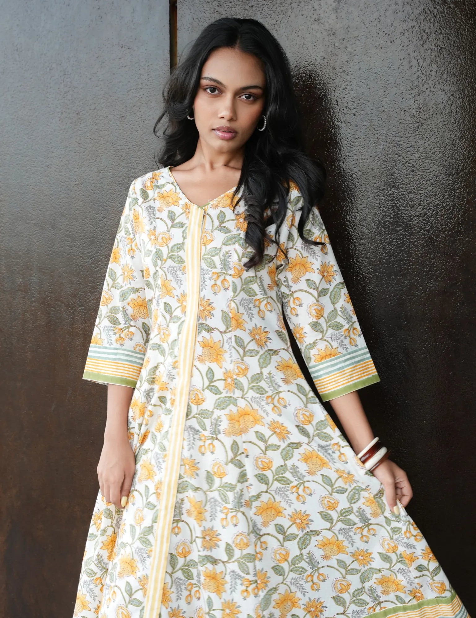 White Cotton Princess-Line Flared Dress with Yellow Floral Block Print and Stripe Hem Border
