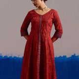 RA Studio Maroon Chintz Block Print Flared Dress with Zig-Zag Border Detailing and Contrast Cuffs