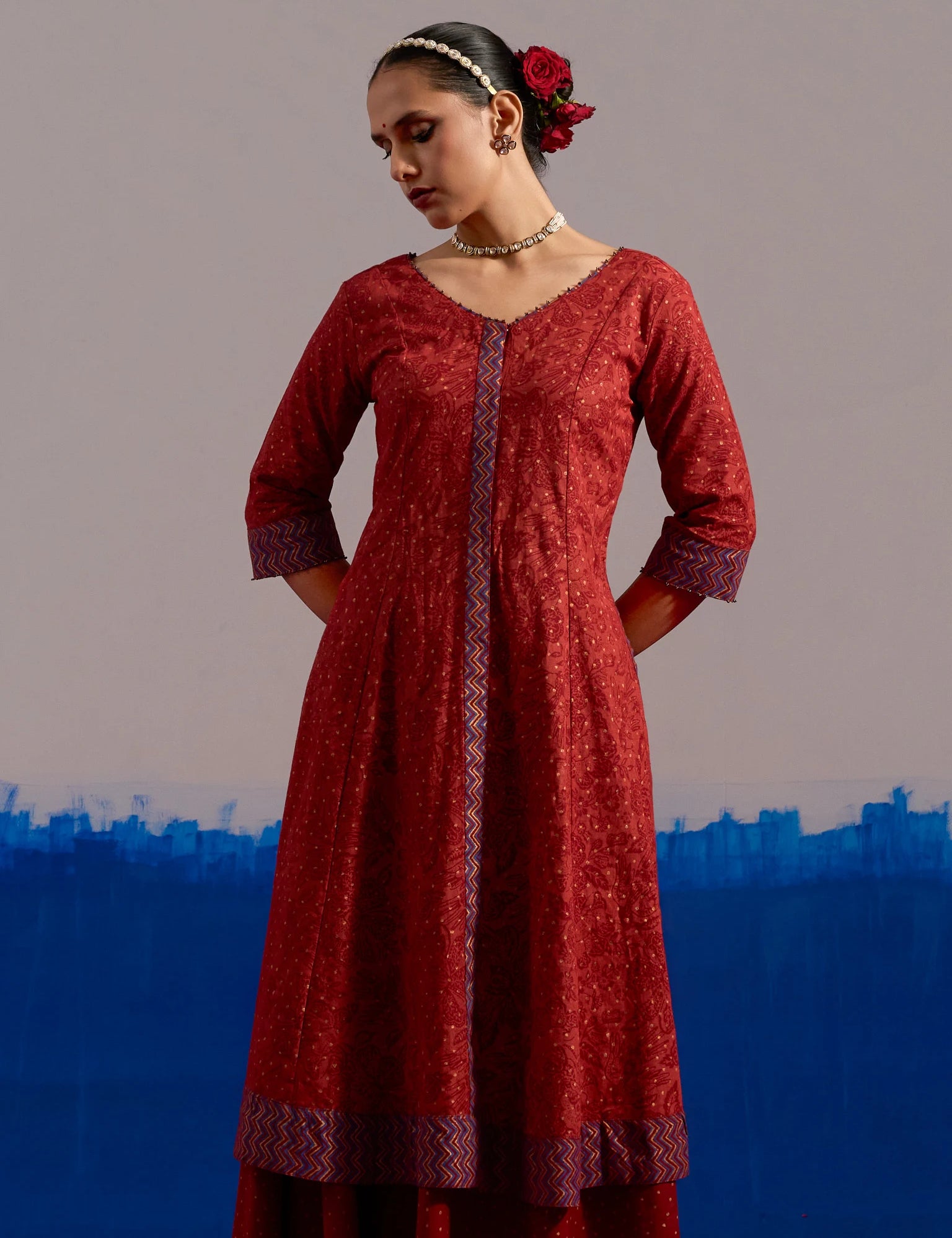 RA Studio Maroon Chintz Block Print Flared Dress with Zig-Zag Border Detailing and Contrast Cuffs