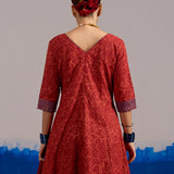 RA Studio Maroon Chintz Block Print Flared Dress with Zig-Zag Border Detailing and Contrast Cuffs