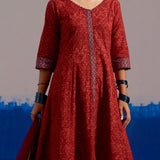 RA Studio Maroon Chintz Block Print Flared Dress with Zig-Zag Border Detailing and Contrast Cuffs