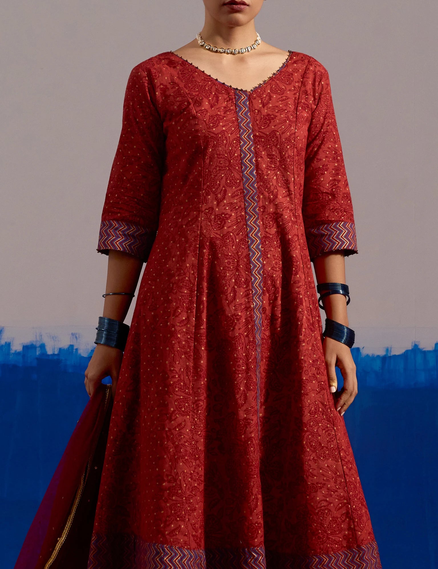 RA Studio Maroon Chintz Block Print Flared Dress with Zig-Zag Border Detailing and Contrast Cuffs
