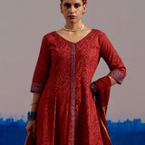 RA Studio Maroon Chintz Block Print Flared Dress with Zig-Zag Border Detailing and Contrast Cuffs