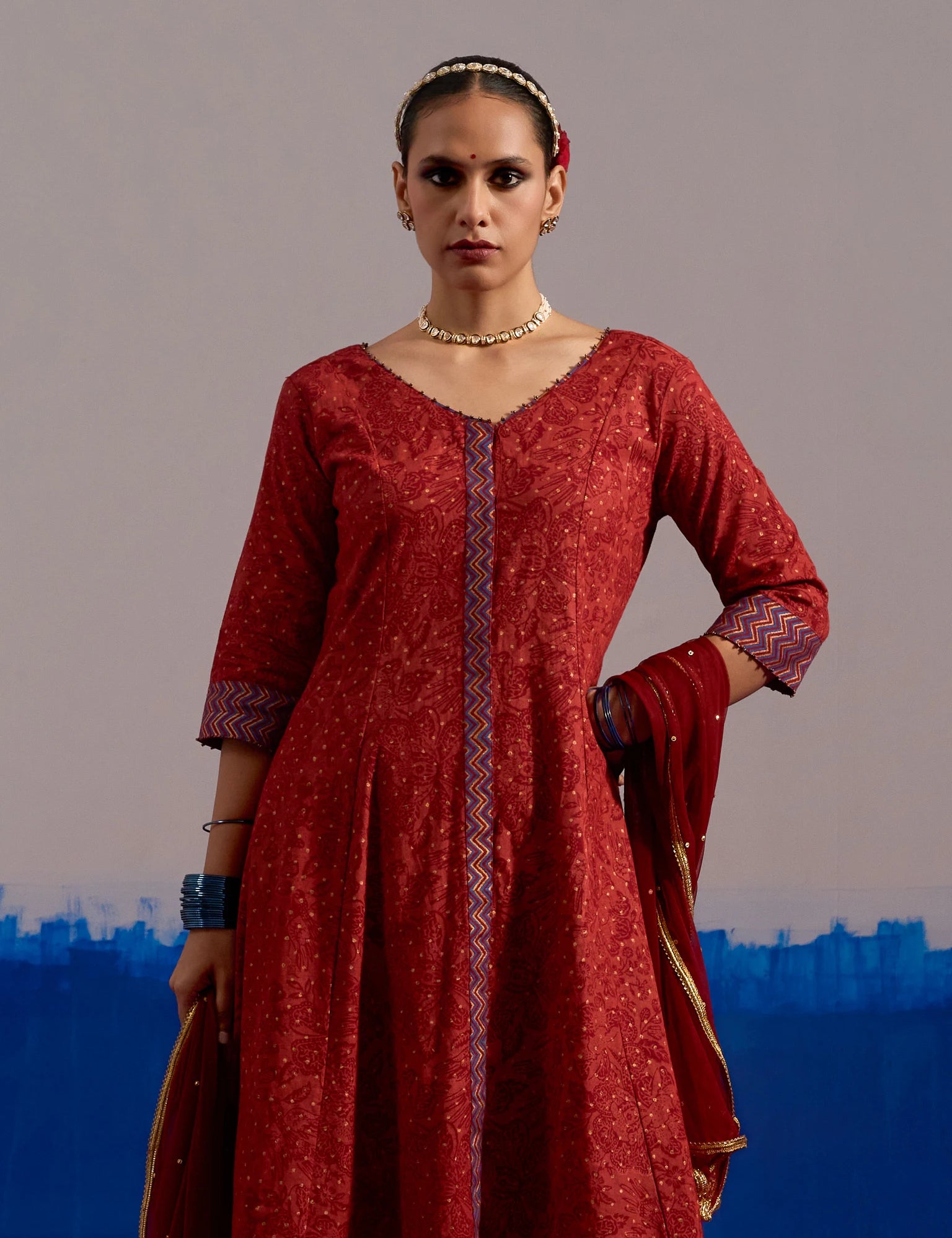 RA Studio Maroon Chintz Block Print Flared Dress with Zig-Zag Border Detailing and Contrast Cuffs