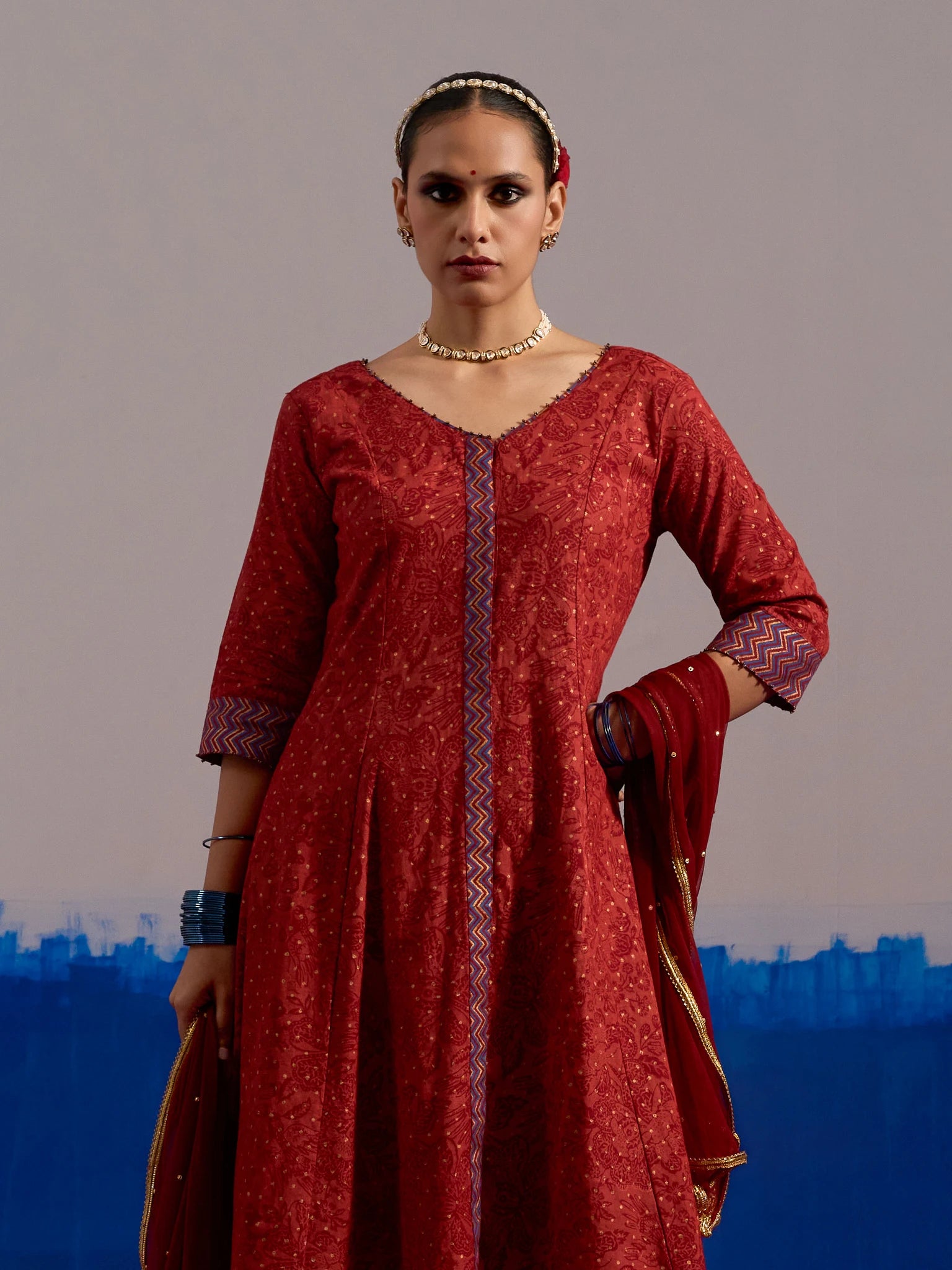 RA Studio Maroon Chintz Block Print Flared Dress with Zig-Zag Border Detailing and Contrast Cuffs