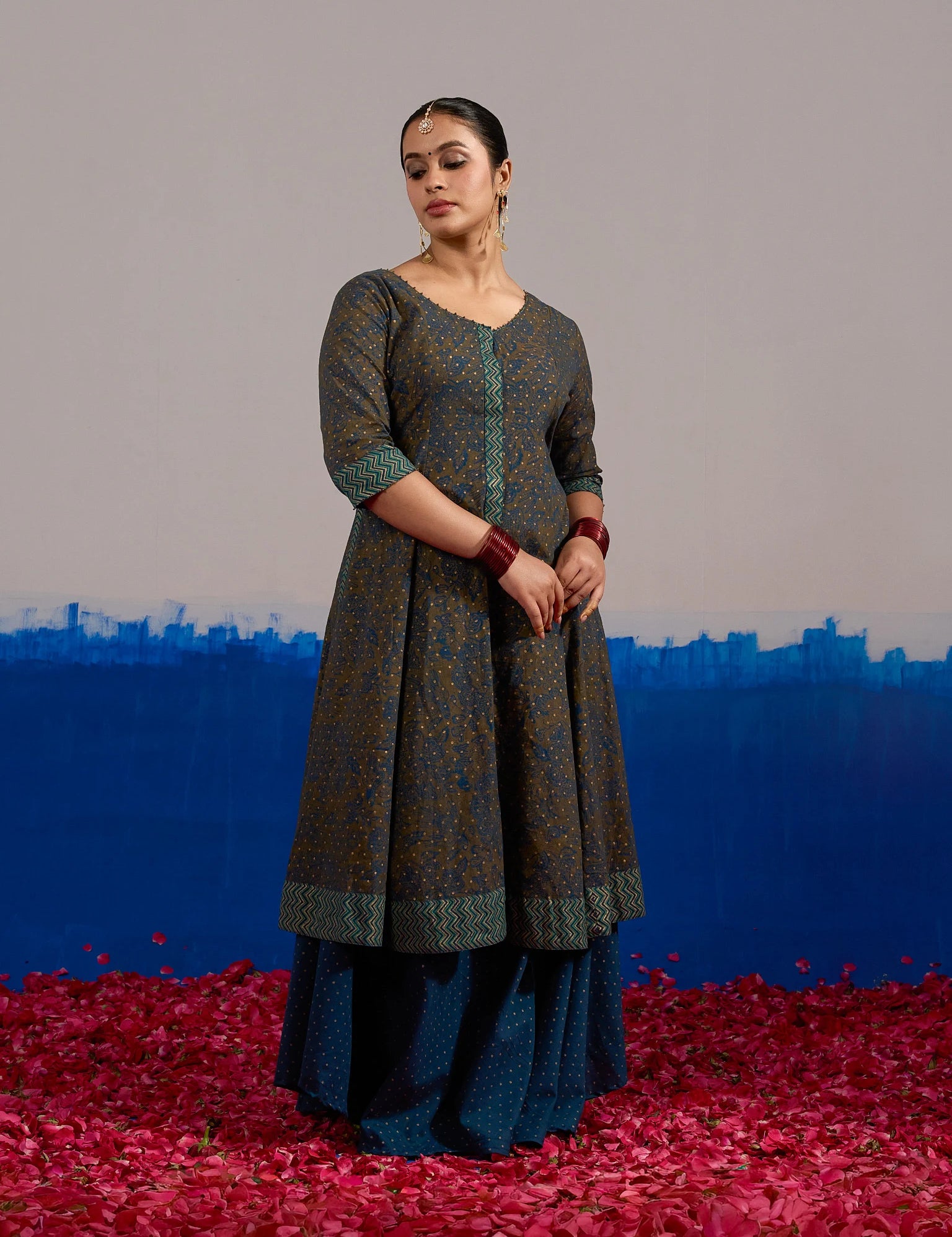 RA Studio Olive Blue Chintz Block Print Flared Dress with Zig-Zag Border Detailing and Contrast Cuffs