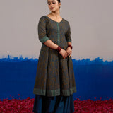 RA Studio Olive Blue Chintz Block Print Flared Dress with Zig-Zag Border Detailing and Contrast Cuffs