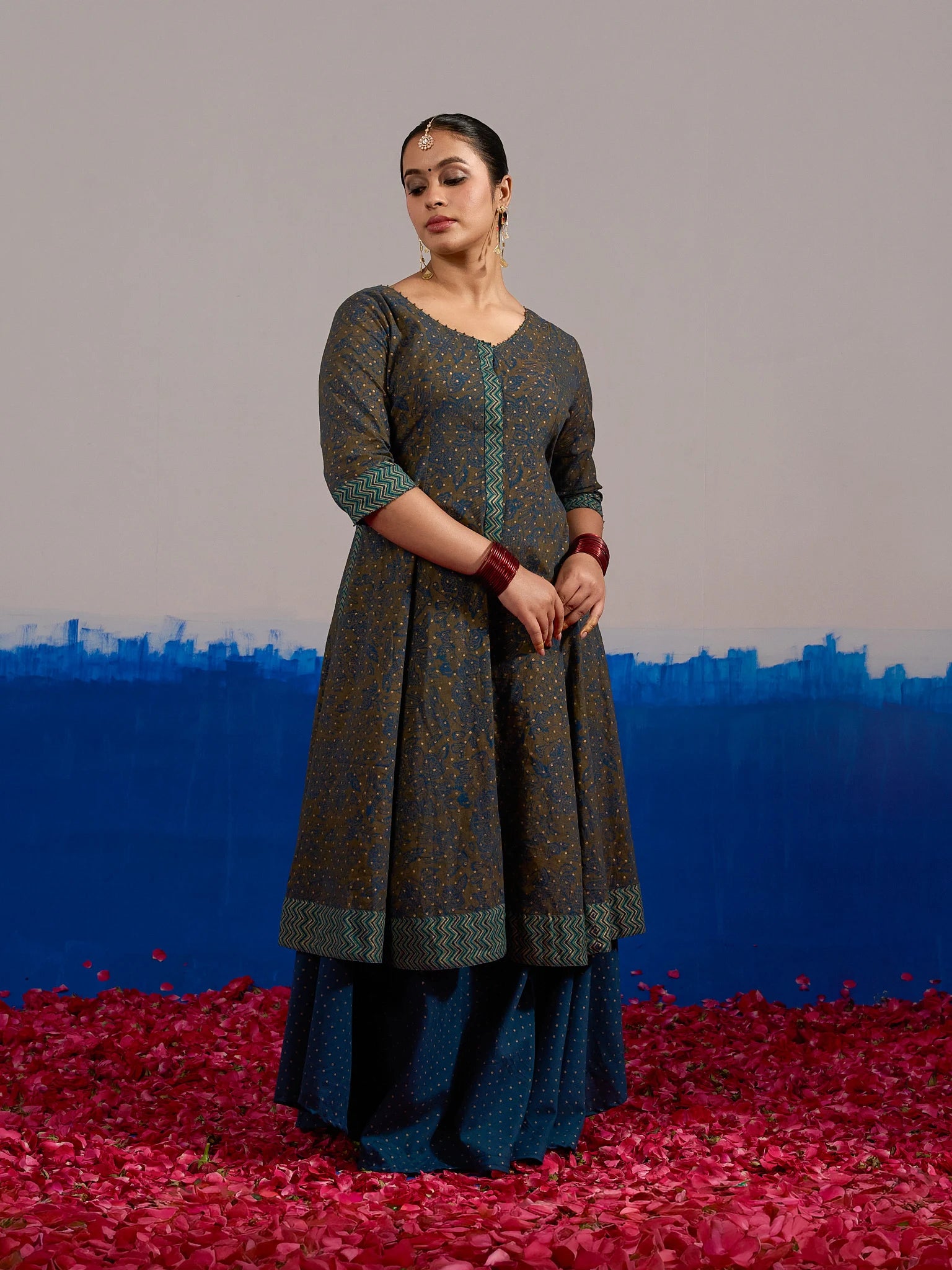 RA Studio Olive Blue Chintz Block Print Flared Dress with Zig-Zag Border Detailing and Contrast Cuffs