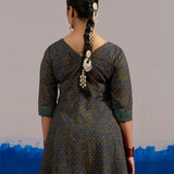 RA Studio Olive Blue Chintz Block Print Flared Dress with Zig-Zag Border Detailing and Contrast Cuffs