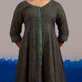 RA Studio Olive Blue Chintz Block Print Flared Dress with Zig-Zag Border Detailing and Contrast Cuffs