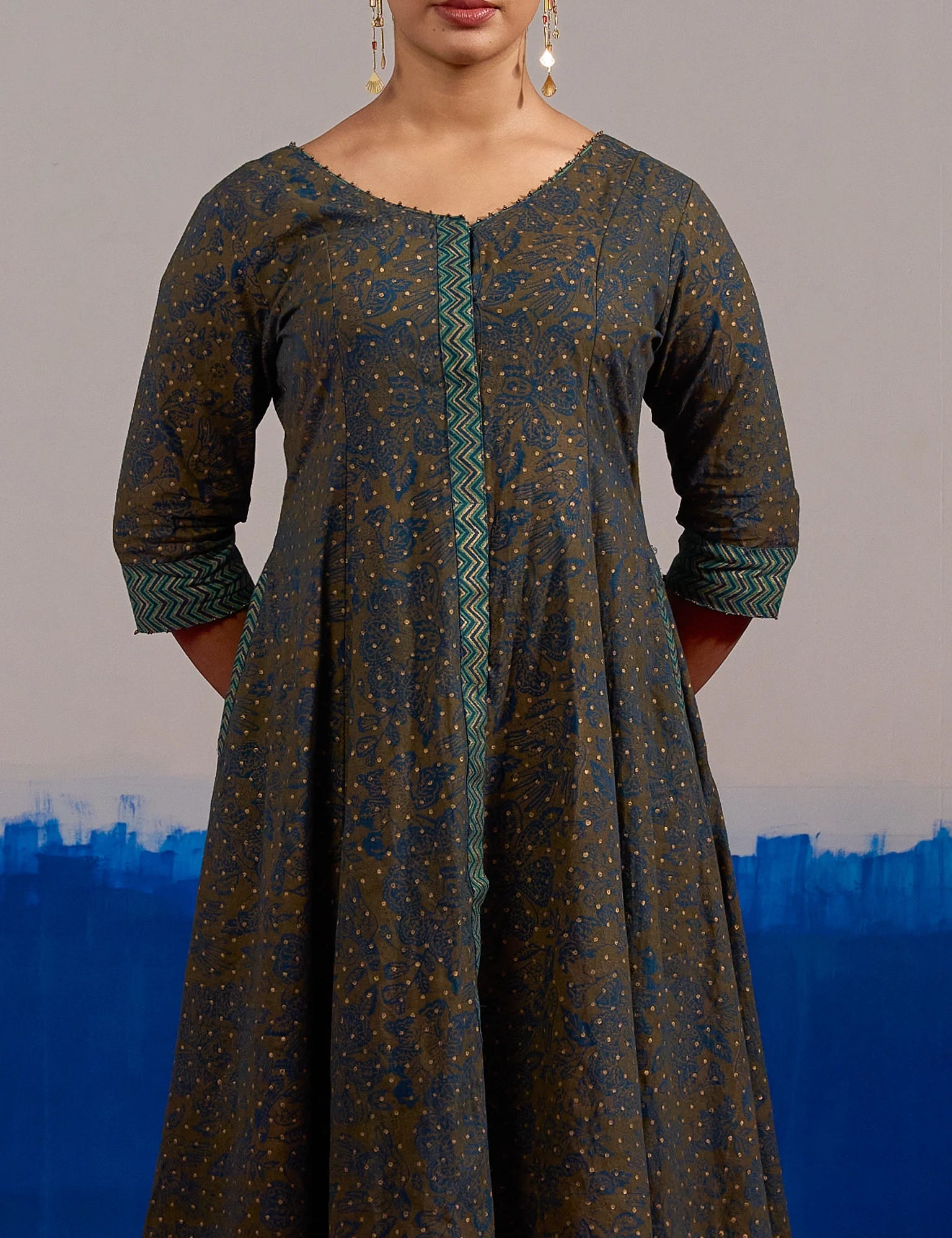 RA Studio Olive Blue Chintz Block Print Flared Dress with Zig-Zag Border Detailing and Contrast Cuffs