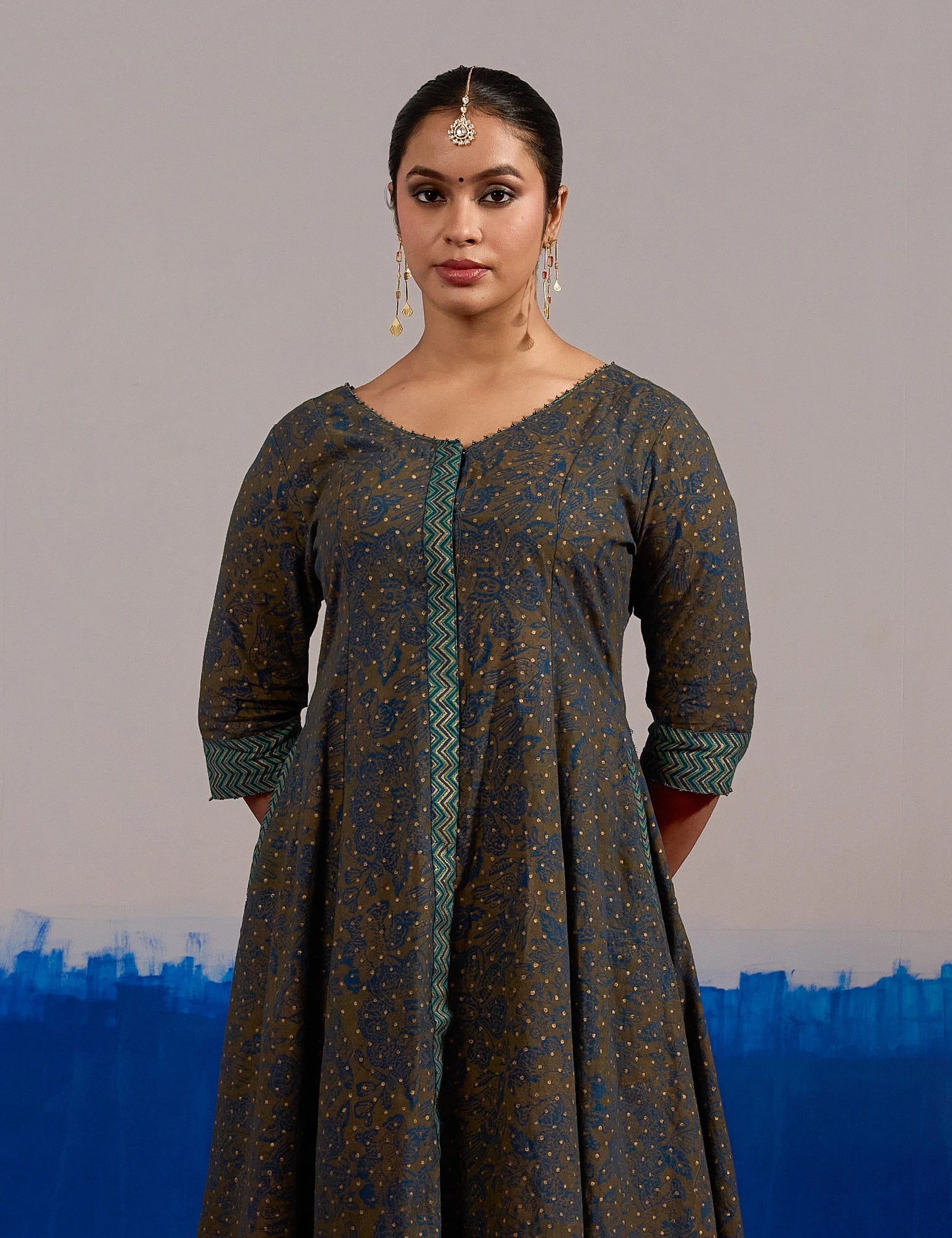 RA Studio Olive Blue Chintz Block Print Flared Dress with Zig-Zag Border Detailing and Contrast Cuffs
