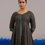 RA Studio Olive Blue Chintz Block Print Flared Dress with Zig-Zag Border Detailing and Contrast Cuffs
