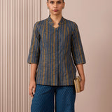 RA Studio Navy Blue Stripe and Gold Block Print Tunic with Flat Collar Neckline