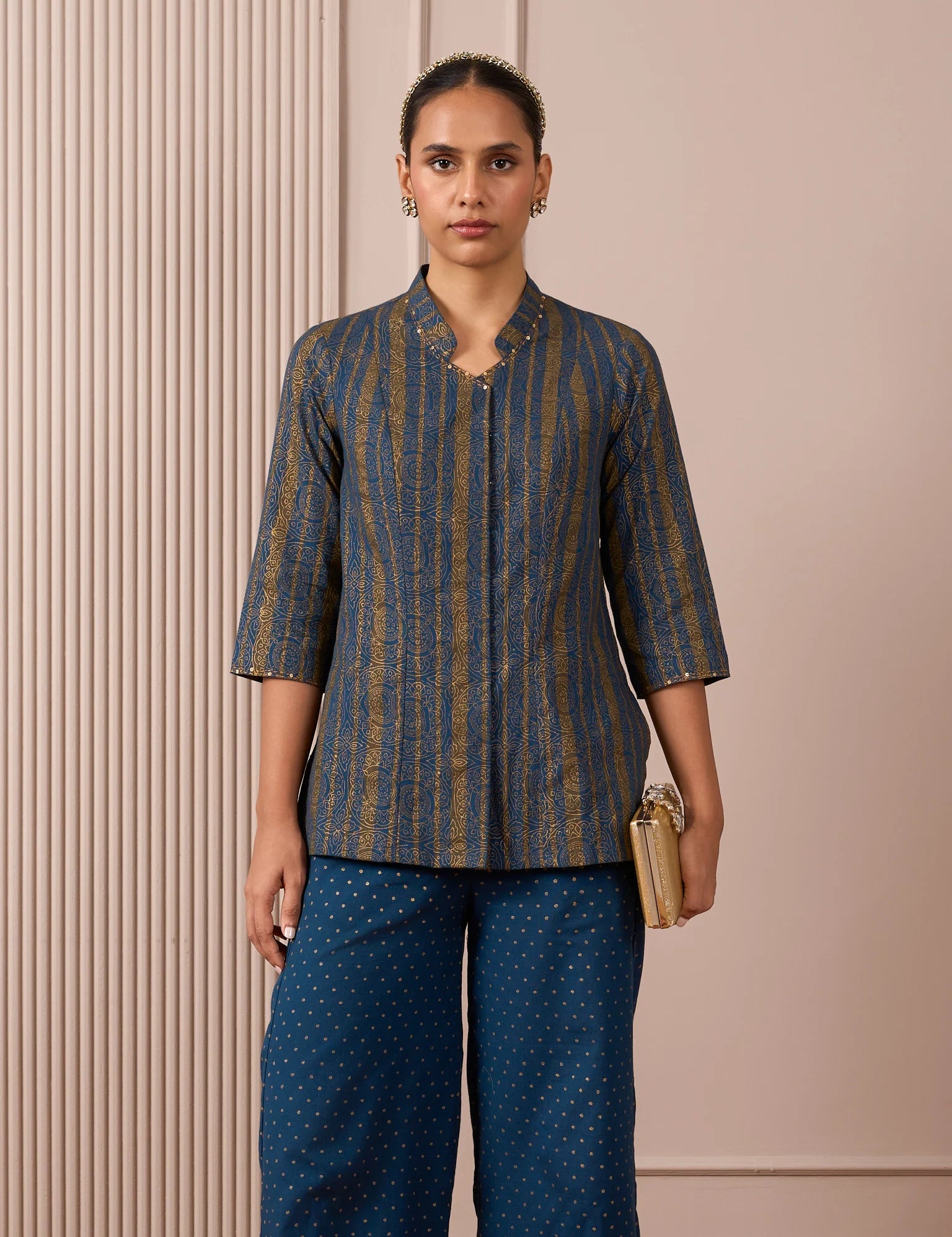 RA Studio Navy Blue Stripe and Gold Block Print Tunic with Flat Collar Neckline