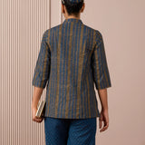 RA Studio Navy Blue Stripe and Gold Block Print Tunic with Flat Collar Neckline