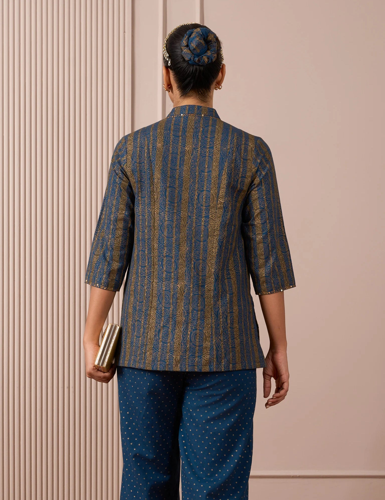 RA Studio Navy Blue Stripe and Gold Block Print Tunic with Flat Collar Neckline