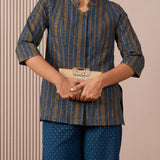RA Studio Navy Blue Stripe and Gold Block Print Tunic with Flat Collar Neckline
