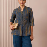 RA Studio Navy Blue Stripe and Gold Block Print Tunic with Flat Collar Neckline