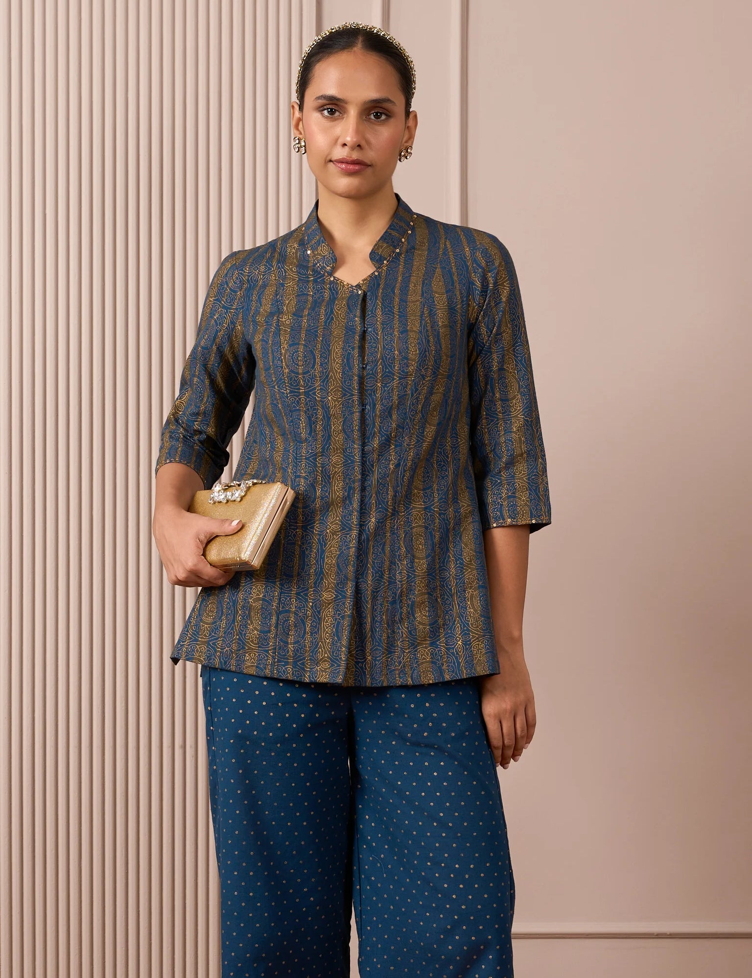 RA Studio Navy Blue Stripe and Gold Block Print Tunic with Flat Collar Neckline