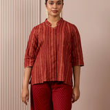 RA Studio Maroon Stripe and Gold Block Print Tunic with Flat Collar Neckline