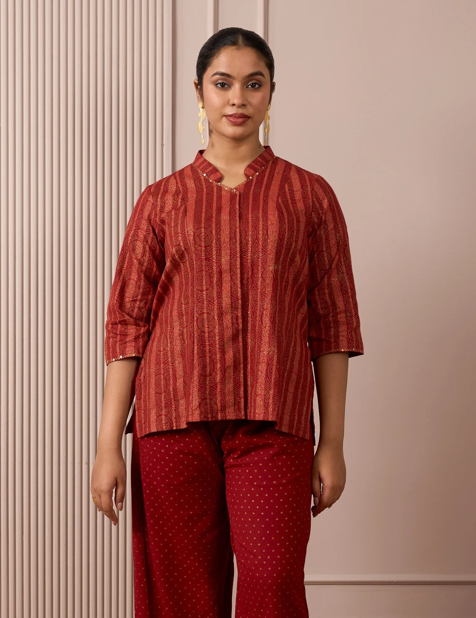 RA Studio Maroon Stripe and Gold Block Print Tunic with Flat Collar Neckline