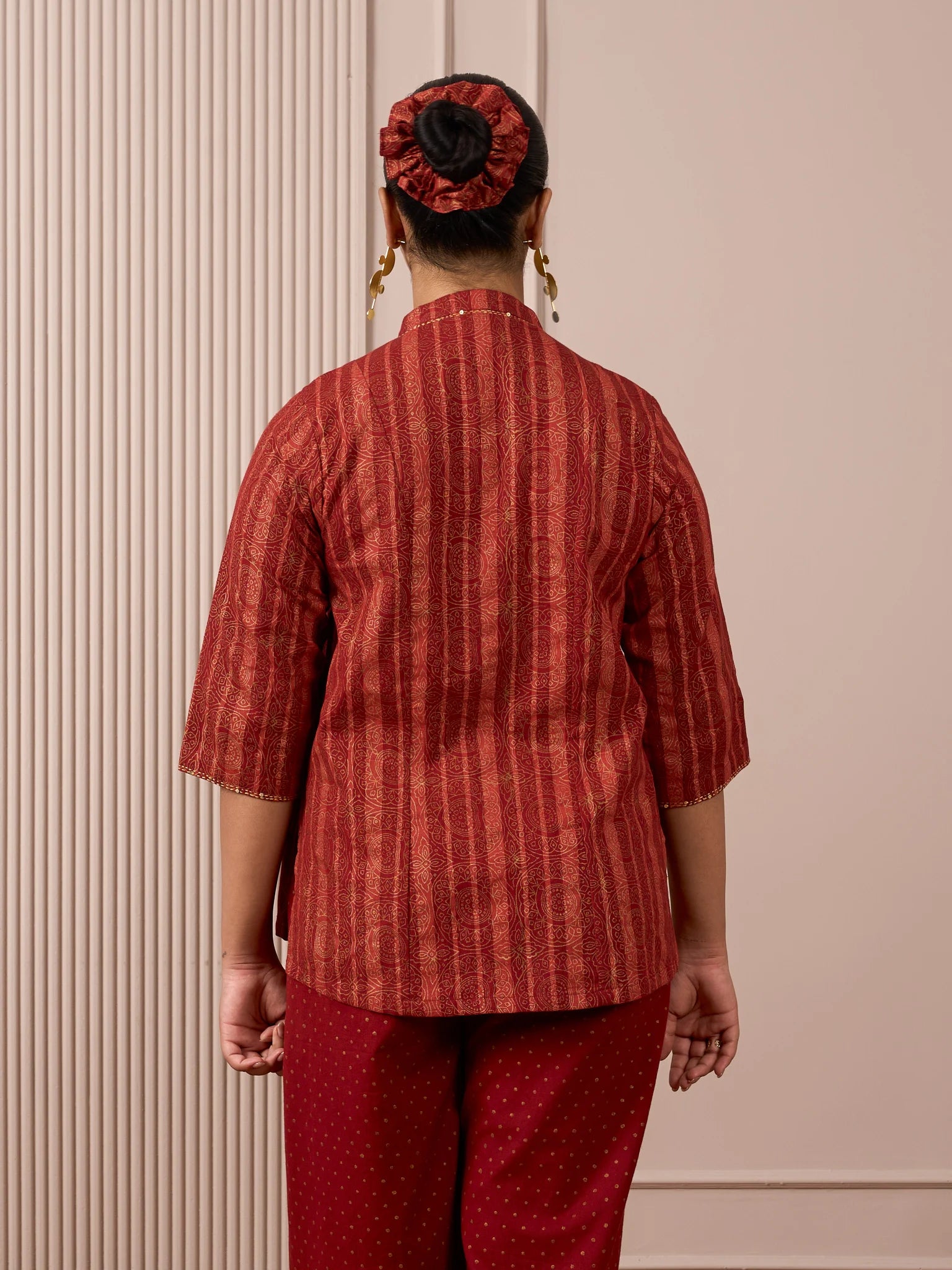 RA Studio Maroon Stripe and Gold Block Print Tunic with Flat Collar Neckline