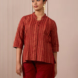 RA Studio Maroon Stripe and Gold Block Print Tunic with Flat Collar Neckline