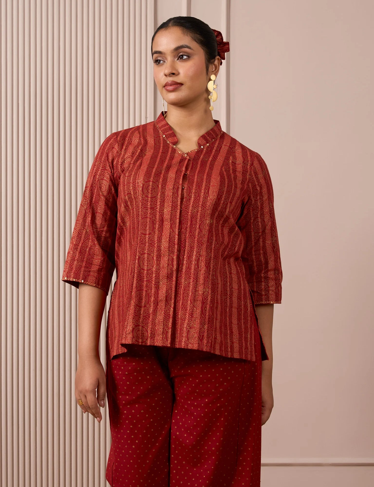 RA Studio Maroon Stripe and Gold Block Print Tunic with Flat Collar Neckline