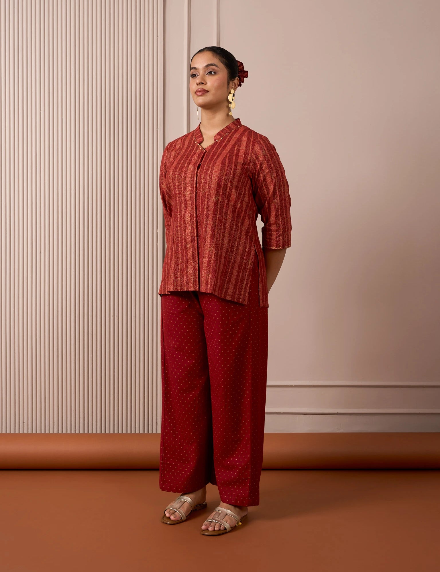 RA Studio Maroon Stripe and Gold Block Print Tunic with Flat Collar Neckline