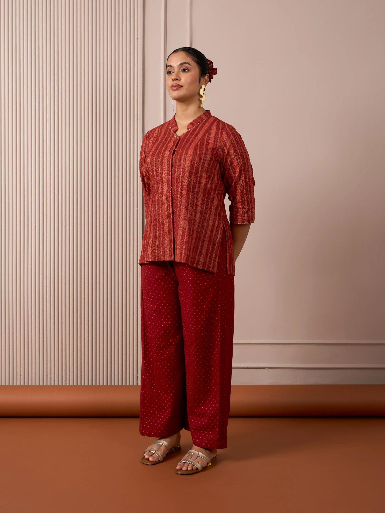 RA Studio Maroon Stripe and Gold Block Print Tunic with Flat Collar Neckline