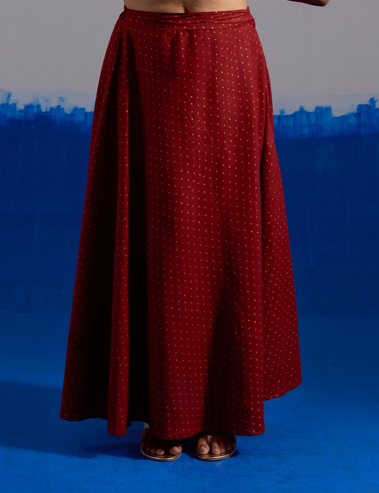 RA Studio Maroon Flared Skirt with Gold Dot Block Print Detailing